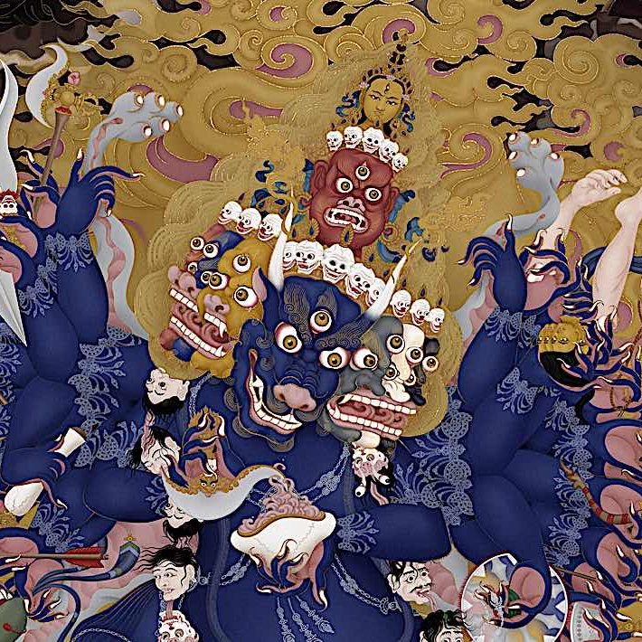 Buddha-Weekly-Yamantaka-Buddhism Arguably the most ferocious of wrathful yidams in Manjushri's form Solitary Hero Yamantaka with 9 faces, 34 arms, 16 legs treading on gods, men and beasts alike. Detail from a magnificent Tangkha by Ben Christian (Jampay Dorje).