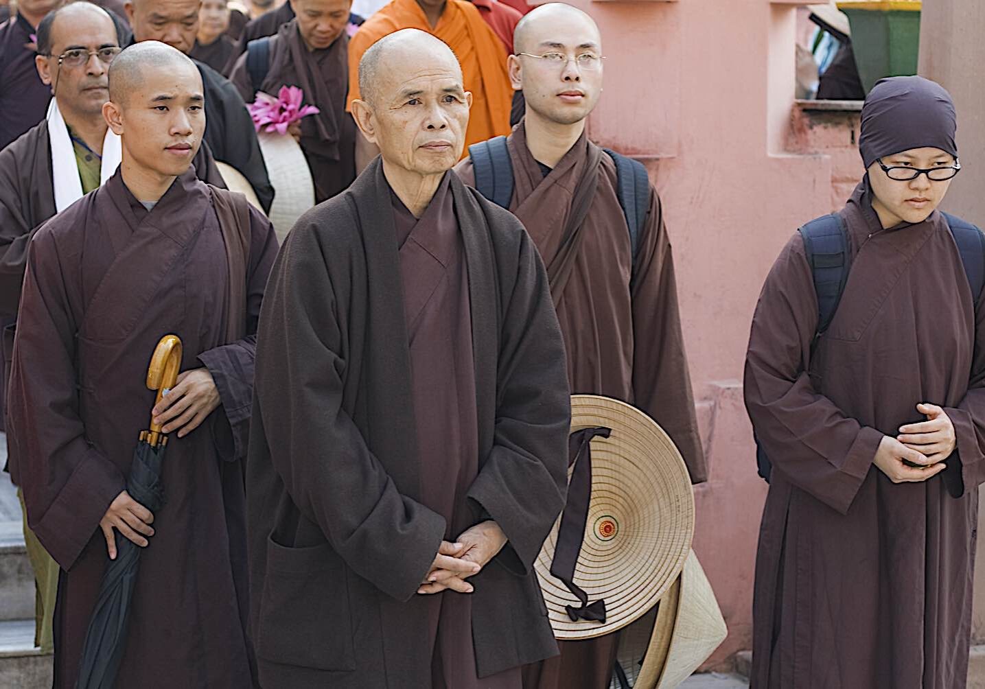 Zen Master Thich Nhat Hanh leads walking meditaiton at the Mahabodhi Temple in Bodhgaya India.