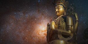 Buddha Weekly four armed Chenrezig statue with background starry sky dreamstime xxl 164705808 Buddhism custom crop