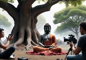 A film crew filming the Buddha meditating under the Bodhi Tree.