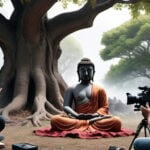 A film crew filming the Buddha meditating under the Bodhi Tree.