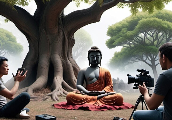 A film crew filming the Buddha meditating under the Bodhi Tree.