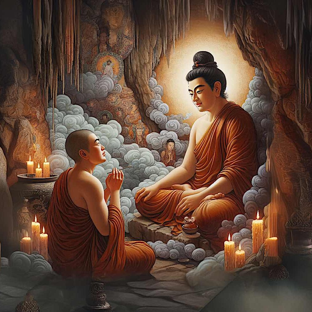 Dharmakara-buddhaWeekly-LowRes-112 Dharmachakra (left) was a Bodhisattva monk who took 48 vows before the Buddha of his time Lokesvara. Because of these great vows, he attained full Enlightenment and become Amitabha Buddha.