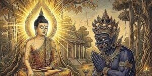 Thumbnail of Music Album cover Alavaka Sutta Protection Paritta
by 3 Gems Band.  IN THIS Image: Alavaka, after offering violence to the Buddha is overcome by Buddha's shining wisdom and  becomes his sworn protector and lay follower.