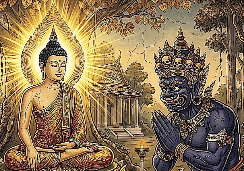 Thumbnail of Music Album cover Alavaka Sutta Protection Paritta
by 3 Gems Band.  IN THIS Image: Alavaka, after offering violence to the Buddha is overcome by Buddha's shining wisdom and  becomes his sworn protector and lay follower.