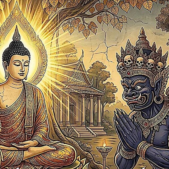 Thumbnail of Music Album cover Alavaka Sutta Protection Paritta
by 3 Gems Band.  IN THIS Image: Alavaka, after offering violence to the Buddha is overcome by Buddha's shining wisdom and  becomes his sworn protector and lay follower.