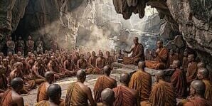 First Buddhist Council in the Saptaparni Caves (near Rajgir) around 483 BCE, approximately 3 months after Buddha's Parinirvana. Editorial illustration, Buddha Weekly. May be used with credit to @BuddhaWeekly
