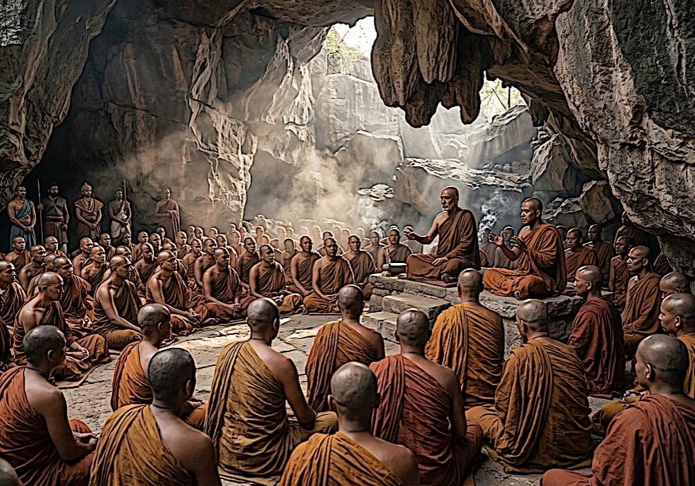 First Buddhist Council in the Saptaparni Caves (near Rajgir) around 483 BCE, approximately 3 months after Buddha's Parinirvana. Editorial illustration, Buddha Weekly. May be used with credit to @BuddhaWeekly