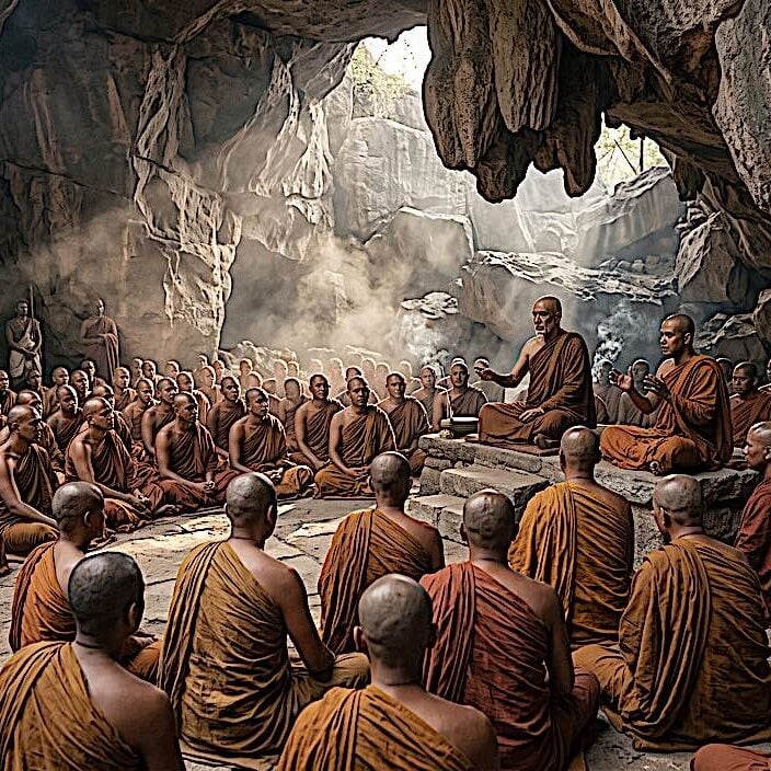 First Buddhist Council in the Saptaparni Caves (near Rajgir) around 483 BCE, approximately 3 months after Buddha's Parinirvana. Editorial illustration, Buddha Weekly. May be used with credit to @BuddhaWeekly