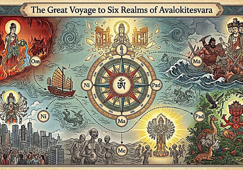 The Great Voyage to Enlightenment with our navigator Buddha, our captain Avalokiteshvara (in 6 Forms!) and our coordinates Om Ma Ni Pad Me Hum. See the video to enjoy an animated Odyssey with Hero Avalokitesvara as we journey to save the six realms.
