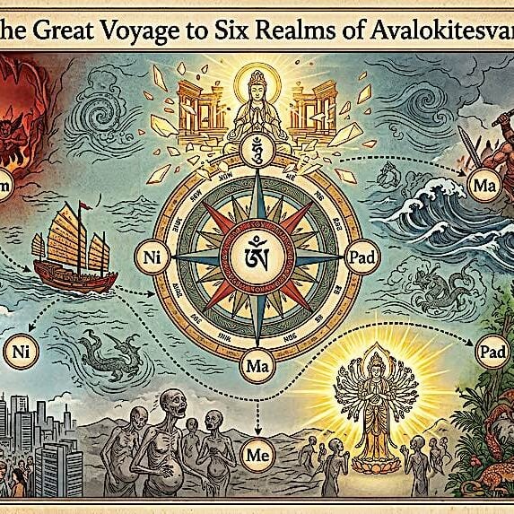 The Great Voyage to Enlightenment with our navigator Buddha, our captain Avalokiteshvara (in 6 Forms!) and our coordinates Om Ma Ni Pad Me Hum. See the video to enjoy an animated Odyssey with Hero Avalokitesvara as we journey to save the six realms.
