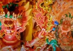 Hayagriva devotional statue in front of a Hayagriva Sangdrup thangka. Statue painted as a devotional practice by Kam Wai Yu, of Buddha Weekly.