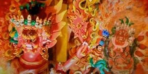 Hayagriva devotional statue in front of a Hayagriva Sangdrup thangka. Statue painted as a devotional practice by Kam Wai Yu, of Buddha Weekly.