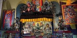 A home altar   on a side cabinet in the dining room with the Three Supremes, Tara, Ushnisha Vijaya and Vajrasattva in the center, lit with strip lights, incense in front, flanked by the eight auspicious symbols as offeirngs. On top of the main altar is a shelf raising up two other aspects of Tara (Red and black) along with Vajrakilaya. To the right is yellow Tara and a thangka of Tara's wrathful form Palden Lhamo. To the left is the great Heruka of the Padma Family Hayagriva on a Thangka and a statue of Jambhala.