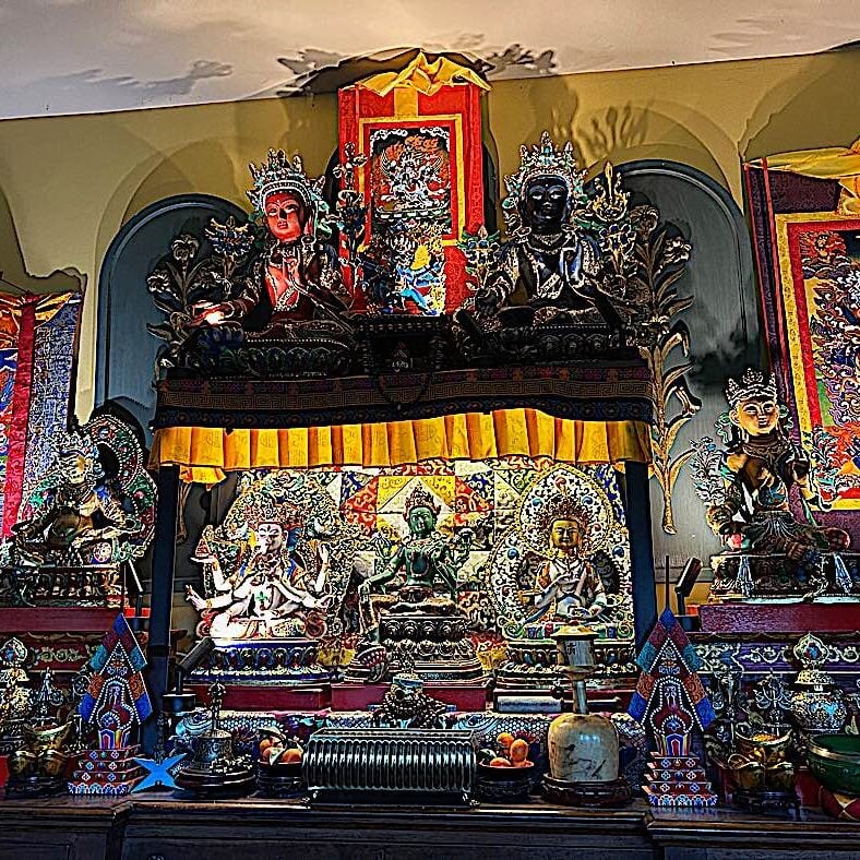 A home altar   on a side cabinet in the dining room with the Three Supremes, Tara, Ushnisha Vijaya and Vajrasattva in the center, lit with strip lights, incense in front, flanked by the eight auspicious symbols as offeirngs. On top of the main altar is a shelf raising up two other aspects of Tara (Red and black) along with Vajrakilaya. To the right is yellow Tara and a thangka of Tara's wrathful form Palden Lhamo. To the left is the great Heruka of the Padma Family Hayagriva on a Thangka and a statue of Jambhala.