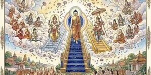 Buddha Weekly graphic illustrating the Buddha's Descent from Heaven.