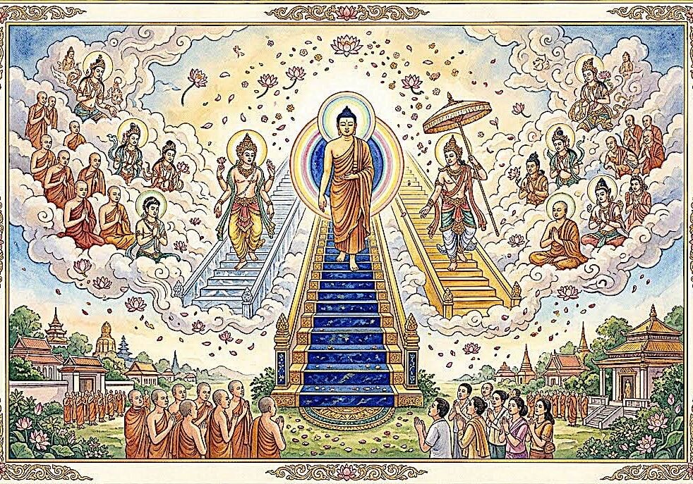 Buddha Weekly graphic illustrating the Buddha's Descent from Heaven.