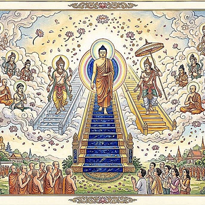 Buddha Weekly graphic illustrating the Buddha's Descent from Heaven.