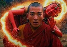 The monk Kushali is shocked when an old leper woman he was carrying to safety transforms into the Dakini Queen Vajrayogini Vajravarhi. From the 3Gems Band Video inset below.