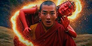 The monk Kushali is shocked when an old leper woman he was carrying to safety transforms into the Dakini Queen Vajrayogini Vajravarhi. From the 3Gems Band Video inset below.
