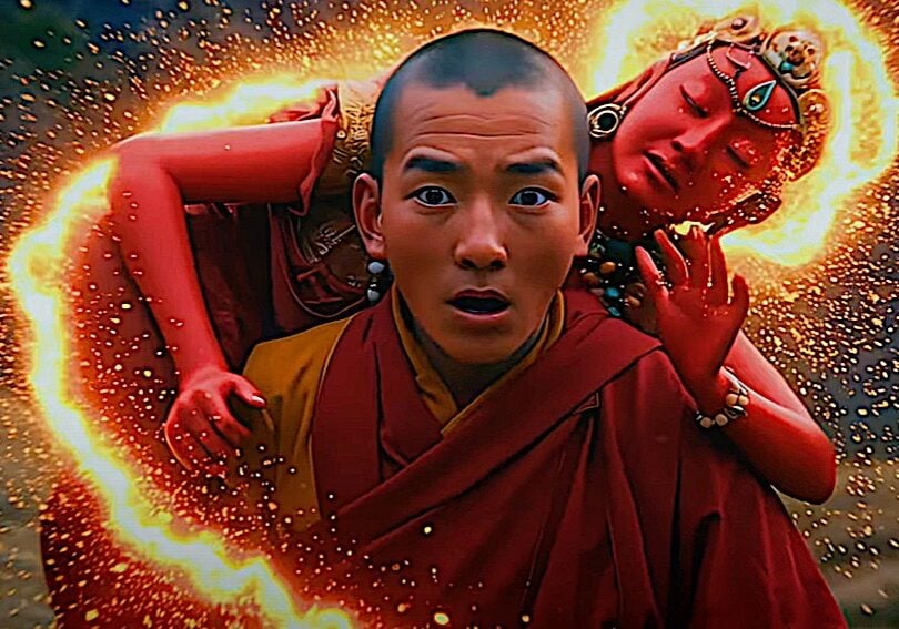 The monk Kushali is shocked when an old leper woman he was carrying to safety transforms into the Dakini Queen Vajrayogini Vajravarhi. From the 3Gems Band Video inset below.