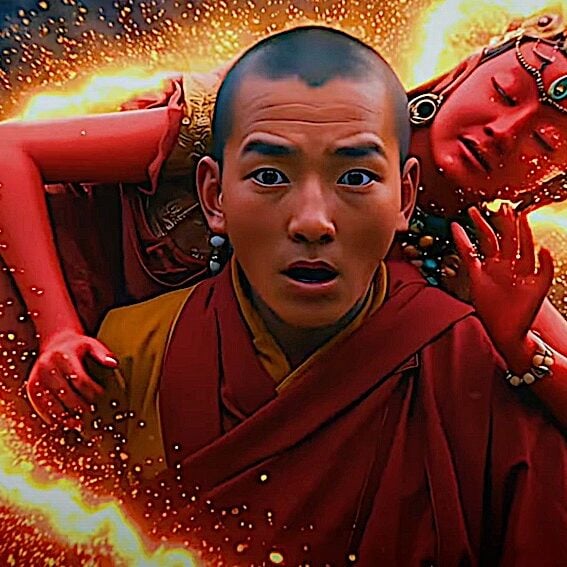 Screenshot The monk Kushali is shocked when an old leper woman he was carrying to safety transforms into the Dakini Queen Vajrayogini Vajravarhi. From the 3Gems Band Video inset below.