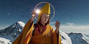 Lama Tsongkhapa high in the mountains, scene from Buddha Weekly Video.
