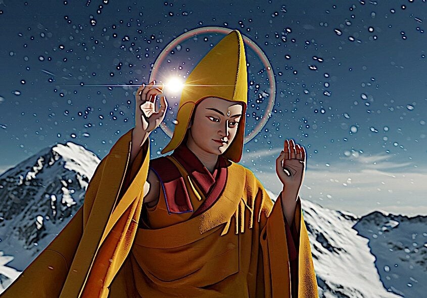 Lama Tsongkhapa high in the mountains, scene from Buddha Weekly Video.