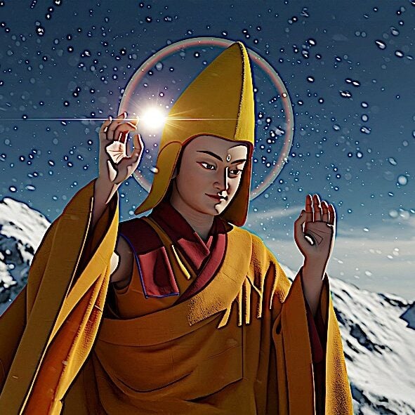 Lama TsongKhapa 2025-upscaled-201Buddha-Weekly Lama Tsongkhapa high in the mountains, scene from Buddha Weekly Video.