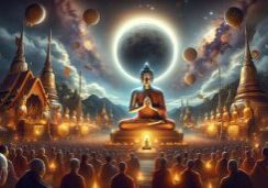 Buddha Performing Miracles (15 Days of Miracles) in front of a lunar eclipse.