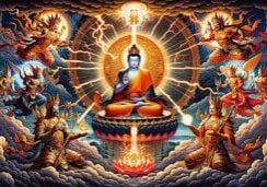 Fanciful concept of the FOUR LIGHTNING KINGS from the Golden Light Sutra. When the practitioner chants the Dharanis from Chapter 14 of the Golden Light Sutra, they are protected by the Four Lightning Kings protect the practitioner and the place of the practitioner from all harm, whether natural or unnatural.