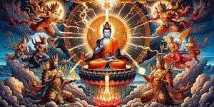 Fanciful concept of the FOUR LIGHTNING KINGS from the Golden Light Sutra. When the practitioner chants the Dharanis from Chapter 14 of the Golden Light Sutra, they are protected by the Four Lightning Kings protect the practitioner and the place of the practitioner from all harm, whether natural or unnatural.