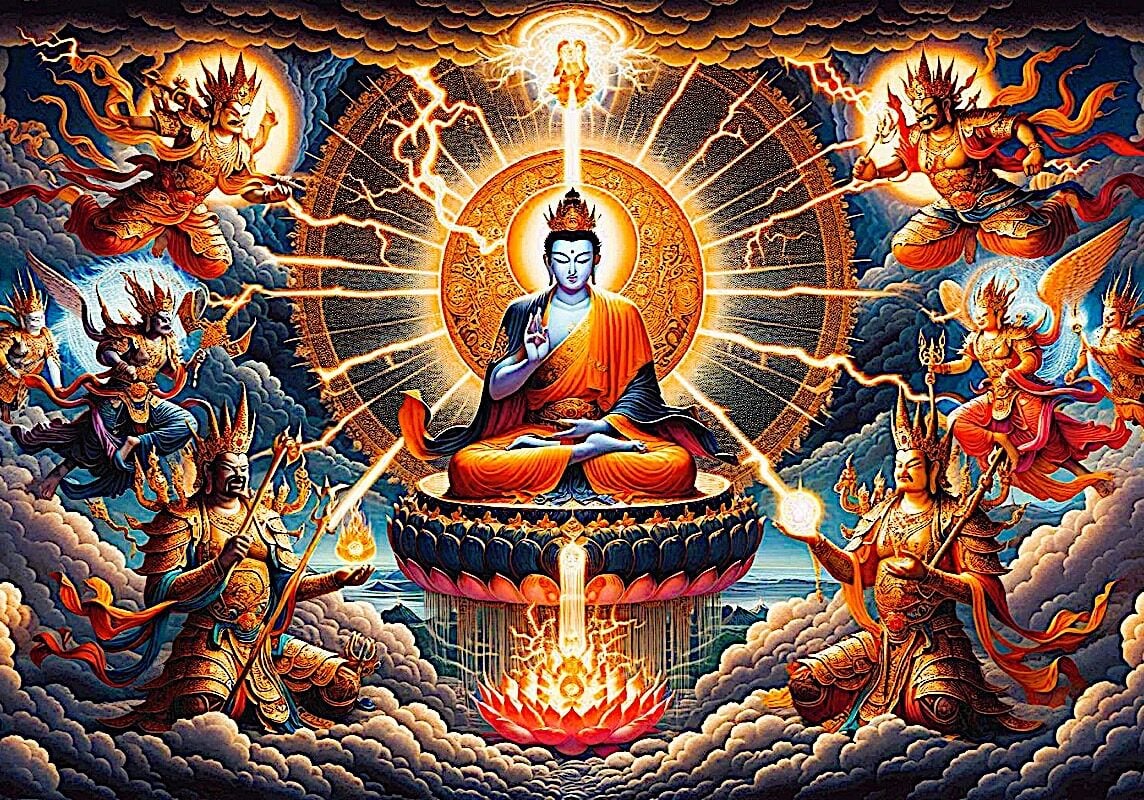 Radiant Lightning KingsBuddha-Weekly Fanciful concept of the FOUR LIGHTNING KINGS from the Golden Light Sutra. When the practitioner chants the Dharanis from Chapter 14 of the Golden Light Sutra, they are protected by the Four Lightning Kings protect the practitioner and the place of the practitioner from all harm, whether natural or unnatural.