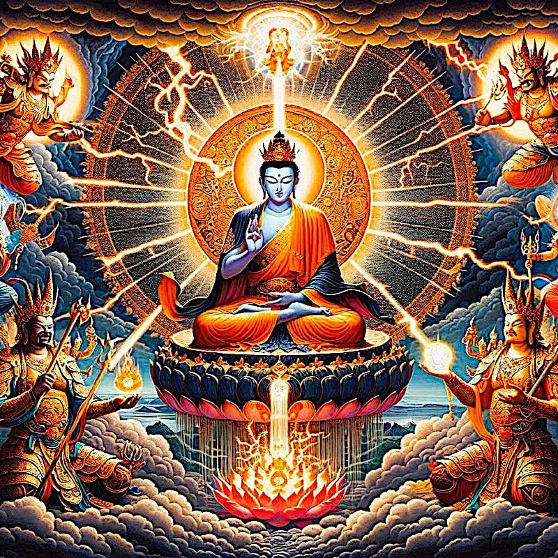 Radiant Lightning KingsBuddha-Weekly Fanciful concept of the FOUR LIGHTNING KINGS from the Golden Light Sutra. When the practitioner chants the Dharanis from Chapter 14 of the Golden Light Sutra, they are protected by the Four Lightning Kings protect the practitioner and the place of the practitioner from all harm, whether natural or unnatural.