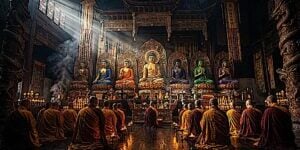 The Seven Successive Buddhas on an altar. See detailed images below, including with the mudras associated with each (Note: Buddhas can have their hand sin any mudra, depending on the teaching.)