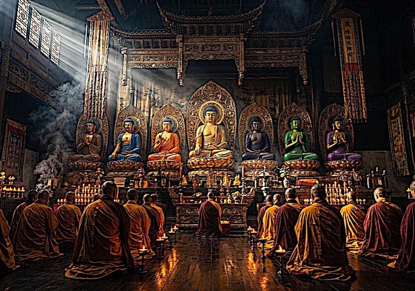 The Seven Successive Buddhas on an altar. See detailed images below, including with the mudras associated with each (Note: Buddhas can have their hand sin any mudra, depending on the teaching.)