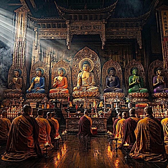 The Seven Successive Buddhas on an altar. See detailed images below, including with the mudras associated with each (Note: Buddhas can have their hand sin any mudra, depending on the teaching.)