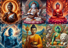 The Six Munis are forms of Buddha who appeared in the Six Realms. Top left is Bramaraja, Sage of the Hell Realms; center top Indra Kaushika, top right is Jvalamukha, Sage of the Hungry Ghost Realm; Bottom left is Vemachitra, Sage of the Demi-God Realm; center bottom is our own Shakyamuni Buddha of the Human Realm depicted with staff and bowl; and bottom right is Splendid Lion Sage Shravasingha who teaches in the Animal Realm. Art Buddha Weekly.