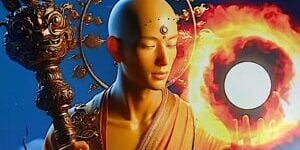 In his hand is the "pearl beyond price' or the "wish-granting jewel" that symbolizes the Bodhisattvas ability to travel to all six desire realms of Samsara.