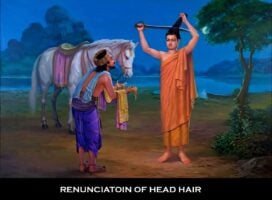 lifeofbuddha Siddartha cuts his hair renouncing his life as a prince and says goodbye to his friend Channa and his beloved horse Kanthaka